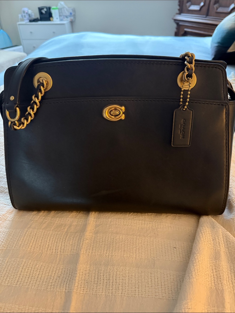 Coach Black Leather Shoulder Bag with Gold Hardware